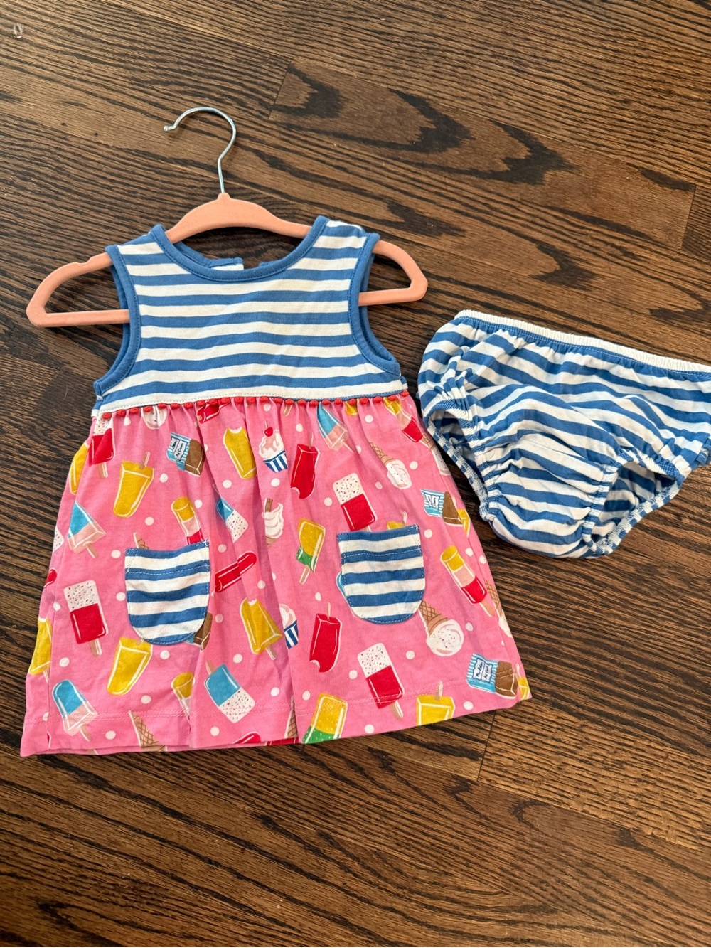 Baby Boden Pink & Blue Ice Cream Print Dress with Striped Bloomers